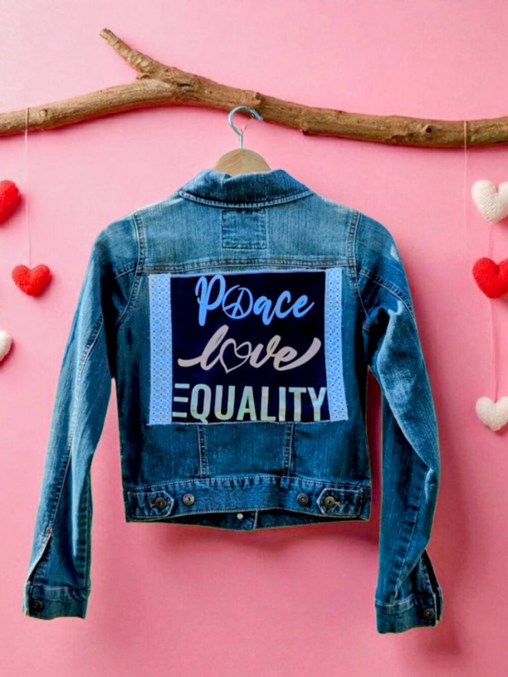 Upcycled Peace Love Equality Denim Jacket XS